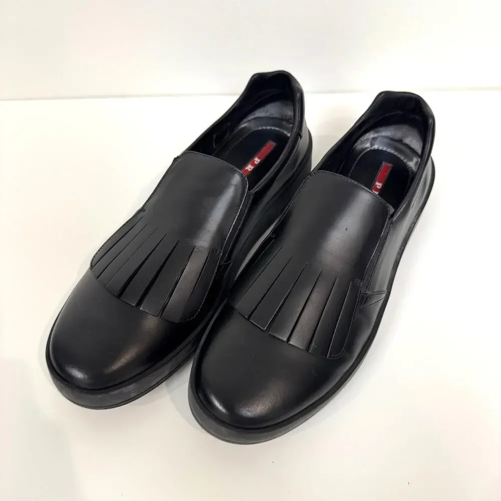 PRADA Kiltie Black Leather Fringe Sneaker Loafers 11 Casual Dress Sport Shoes